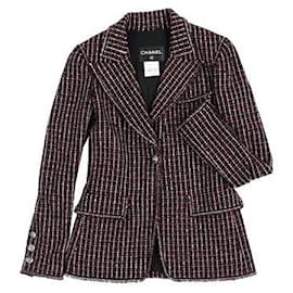Chanel-* CHANEL tailored jacket Long sleeve tweed plaid Fringe 38 black red white others-Black,White,Red,Other