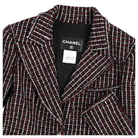 Chanel-* CHANEL tailored jacket Long sleeve tweed plaid Fringe 38 black red white others-Black,White,Red,Other