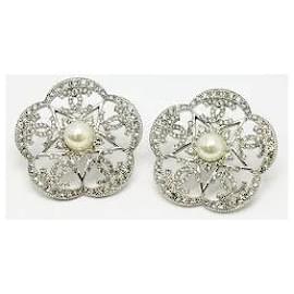 Chanel-* Chanel Earrings Pearl & Strass Silver Metal Camellia Rhinestone-Silver hardware