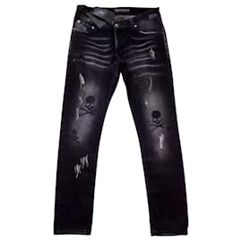 Philipp Plein-2019 Limited Edition Slim Fit B.I.T.C.H Used Look Worn out Effect Jeans-Black