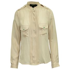 Shanghai Tang Camicia in Seta Beige/Giallo Chiaro con Bottoni Verdi Carne