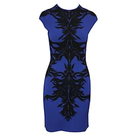 Alexander Mcqueen-Electric Blue Slim Fit Dress with Black Embroidery-Blue
