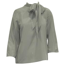 Hermès-Light Grey Silk Blouse with Tie-Grey
