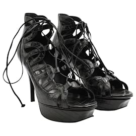 Saint Laurent-Black Croc Embossed Gladiator Tie Heels-Black