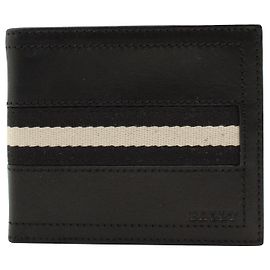 Bally Portafoglio pieghevole in pelle nera con cinturino bianco Nero