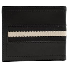 Bally-Black Leather Fold Wallet with White Strap-Black
