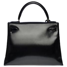 Hermès-Stunning Hermes Kelly handbag 28cm saddler shoulder strap in black box leather, gold plated metal trim-Black