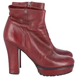 Prada-Prada Platform Ankle Boots in Burgundy Leather-Dark red