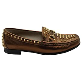 Gucci-Gucci Horse Bit Buckle with Spikes Loafers in Bronze Leather-Metallic,Bronze
