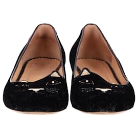 Charlotte Olympia-Charlotte Olympia Kitty Ballet Flats in Black Suede -Black