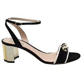 Giorgio Armani Ankle Strap Block Heel Sandals in Black Suede Black