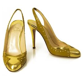 Christian Louboutin-Christian Louboutin Specchio Mirror Gold 3 Leather Slingback Studded Heels 36-Golden