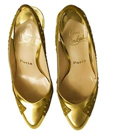 Christian Louboutin-Christian Louboutin Specchio Mirror Gold 3 Leather Slingback Studded Heels 36-Golden