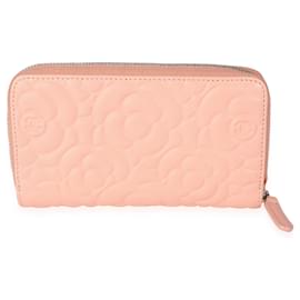 Chanel-Chanel Peach Pink Camellia Embossed Zip Around Wallet-Pink