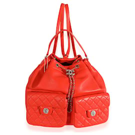 Chanel-Chanel Coral Calfskin Double Pocket Drawstring Backpack -Orange