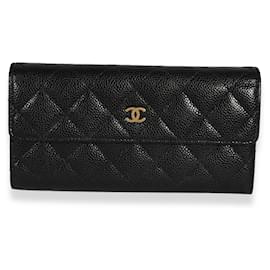 Chanel-Chanel Black Quilted Caviar Long Flap Wallet-Black