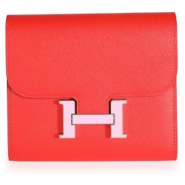 Hermès Hermes Rouge De Coeur Epsom & Rose Sakura Enamel Compact Constance Monedero Phw Roja