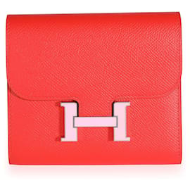 Hermès-Hermes Rouge De Coeur Epsom & Rose Sakura Enamel Compact Constance Wallet Phw -Red
