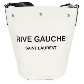 Saint Laurent-Saint Laurent Neutral Cotton/linen & Black Leather 'rive Gauche' Bucket Bag -White