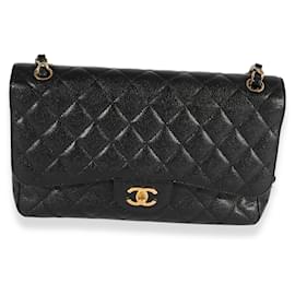 Chanel-Chanel Black Quilted Caviar Jumbo Classic Double Flap Bag -Black