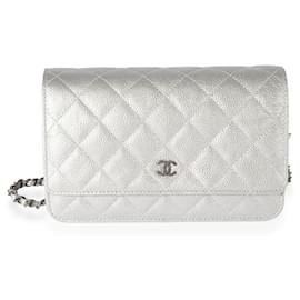 Chanel-Chanel Silver Quilted Caviar Wallet On Chain-Grey