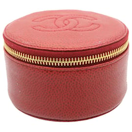 Chanel-CHANEL Caviar Skin Pouch Leather Red CC Auth am438BA-Red