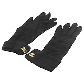 Chanel-CHANEL COCO Mark Gloves Suede Black Gold CC Auth am2319SA-Black,Golden