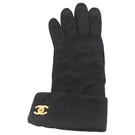 Chanel-CHANEL COCO Mark Gloves Suede Black Gold CC Auth am2319SA-Black,Golden