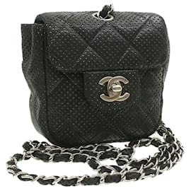 Chanel-CHANEL Punched Matelasse Chain Shoulder Bag Lamb Skin Black CC Auth am145ga-Black