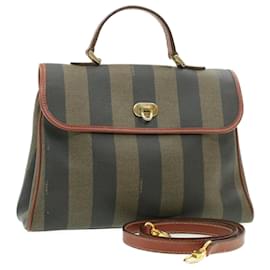 Fendi-FENDI Pecan Canvas Sac à main en cuir PVC 2façon Noir Marron Auth am145b-Marron,Noir
