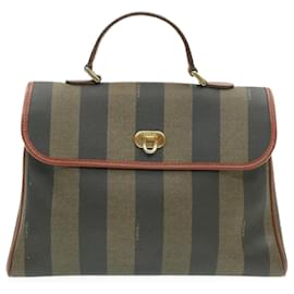 Fendi-FENDI Pecan Canvas Sac à main en cuir PVC 2façon Noir Marron Auth am145b-Marron,Noir