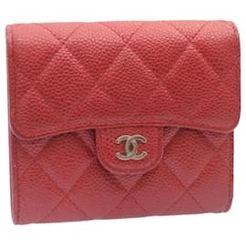 Chanel-CHANEL Caviar Skin Matelasse Wallet Leather Red CC Auth am1755ga-Red