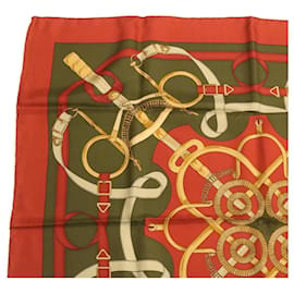 Hermès-HERMES CARRE 90 Scarf ""Eperon d'or"" Silk Red Green Auth am1847g-Red,Green