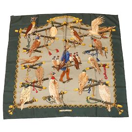 Hermès HERMES CARRE90 Sciarpa ""LES OISEAUX DU ROY"" Seta Verde Auth am2547g Verde