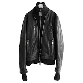 Philipp Plein-Philipp Plein Embossed Skul Layered Leather Jacket-Black