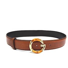 Gucci-Gucci G Bamboo leather belt in brown Size 80 / 32-Brown,Bronze,Gold hardware
