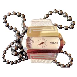 Versace-Uhr hellrosa Perlmutt-Zifferblatt, Riemen in cremefarbener Farbe Aus weiß Damier ebene