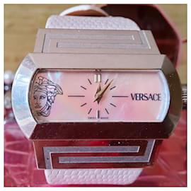 Versace-Reloj Versace esfera de nácar rosa pálido, correa en color blanco roto-Blanco roto,Damier ebene