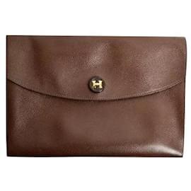 Hermès-* Hermes Pochette Rio Clutch Bag Leather T Engraving Document Case Pouch Vintage Men's Women's Brown Brown-Brown