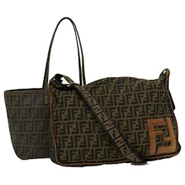 Fendi-Bolsa de ombro de lona FENDI Zucca 2Definir preto marrom Auth am2696g-Marrom,Preto