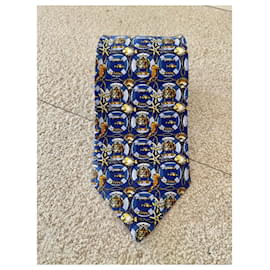 Autre Marque-magnífica nueva corbata de seda estampada "Le Divellec" de coleccionista-Azul,Dorado