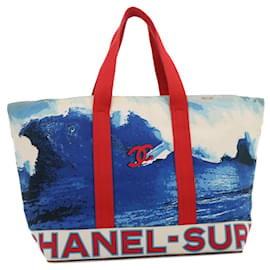 Chanel-CHANEL Surf line Tote Bag Canvas Blue Red CC Auth yk4388a-Red,Blue