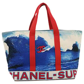 Chanel-CHANEL Surf line Tote Bag Canvas Blue Red CC Auth yk4388a-Red,Blue
