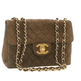 Chanel-CHANEL Matelasse 30 Double Chain flap Shoulder Bag Suede Brown CC Auth ar4582-Brown