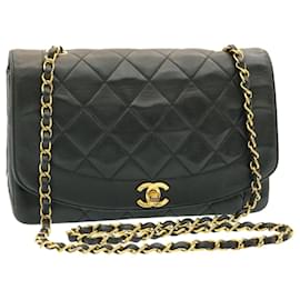 Chanel-CHANEL Diana Matelasse Bolsa de Ombro com Aba de Corrente Pele de Cordeiro Preto Ouro Auth 25036NO-Preto,Dourado