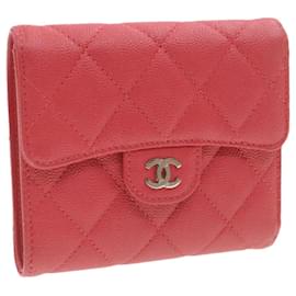 Chanel-CHANEL Caviar Skin Matelasse Wallet Pink Red CC Auth 18734a-Red