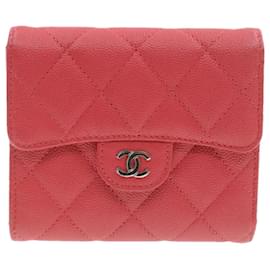 Chanel-CHANEL Caviar Skin Matelasse Wallet Pink Red CC Auth 18734a-Red