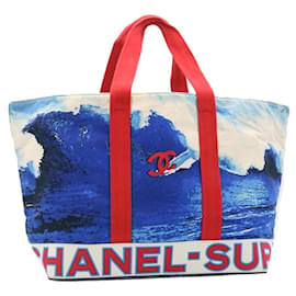 Chanel-CHANEL Surf line Tote Bag Canvas Blue Red CC Auth yk3999a-Red,Blue