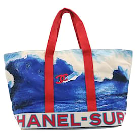 Chanel-CHANEL Surf line Tote Bag Canvas Blue Red CC Auth yk3999a-Red,Blue
