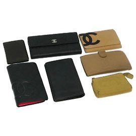 CHANEL Cambon Line Caviar Skin Long Wallet 7Set Black Beige CC Auth yk4084 Black Beige